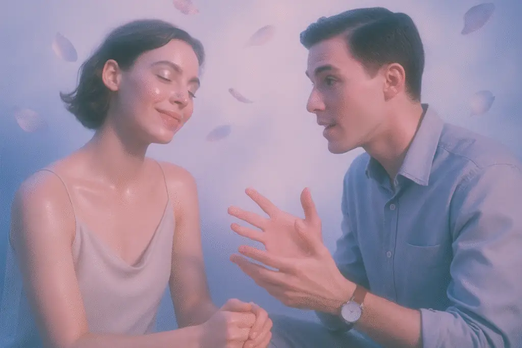 Cuplu discută într-o atmosferă relaxată cu frunze.