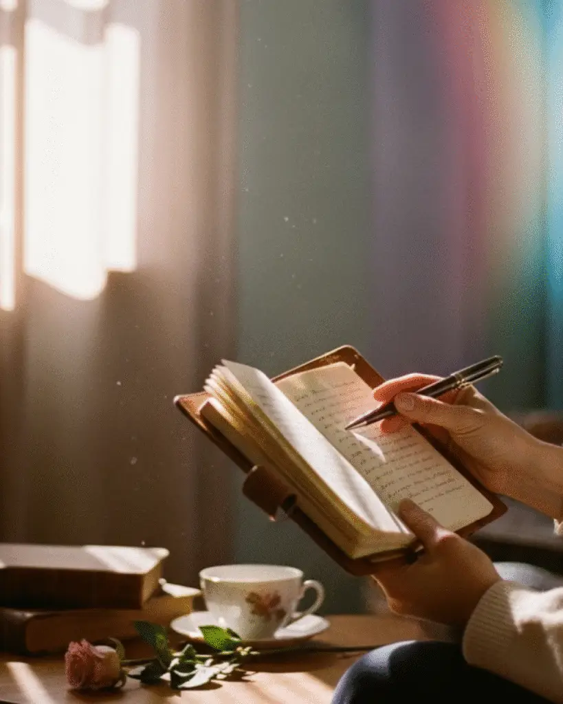 Scris în jurnal la lumina soarelui, trandafir lângă.