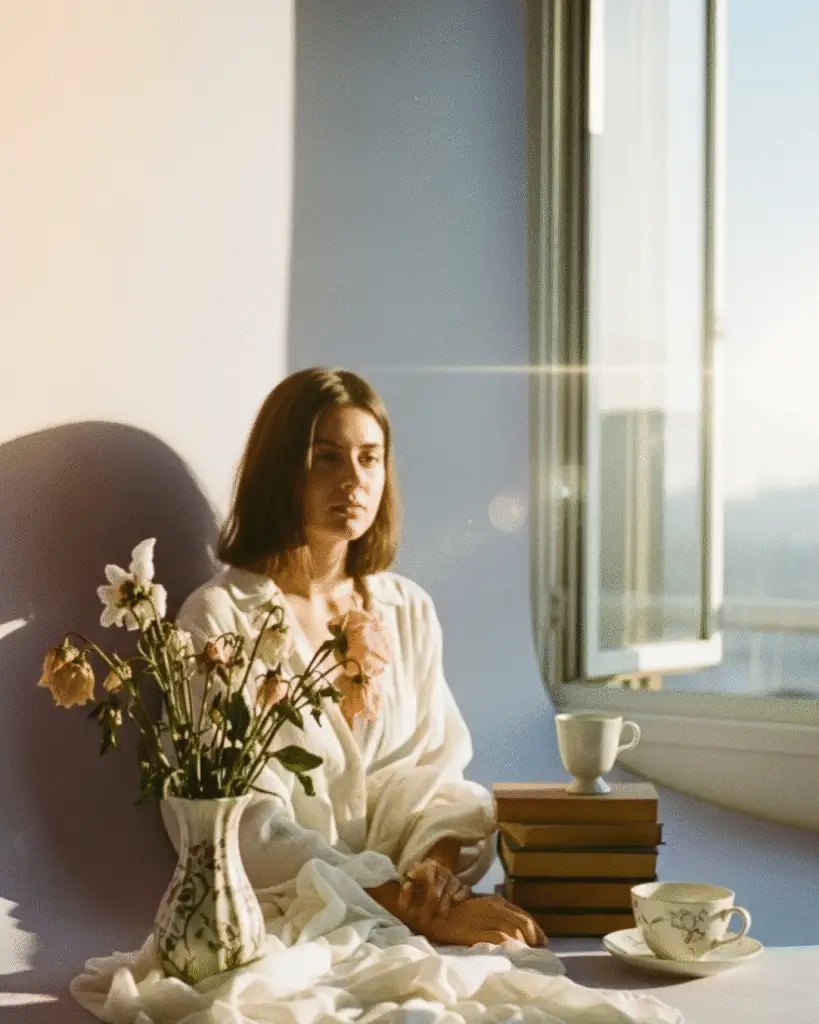 Femeie lângă fereastră, flori și cărți în lumină.