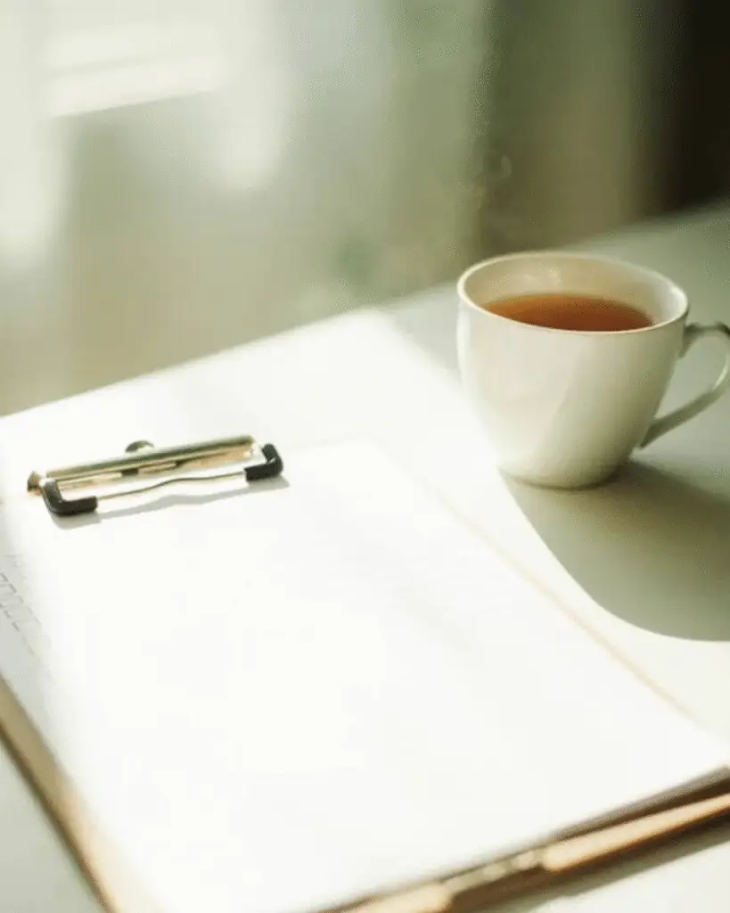 Ceașcă de ceai și clipboard pe masă luminoasă.
