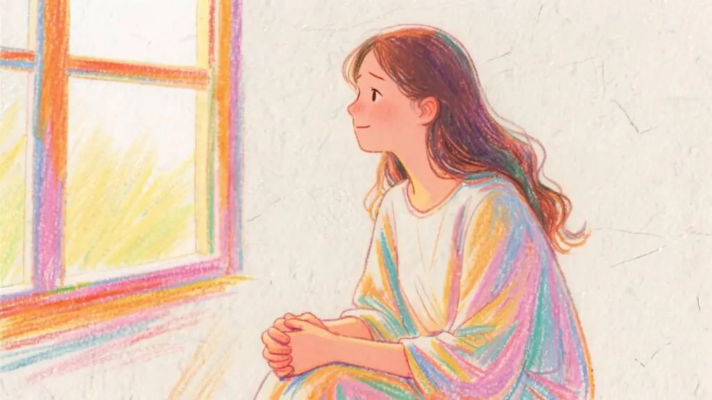 Ilustrație fată zâmbitoare lângă fereastră