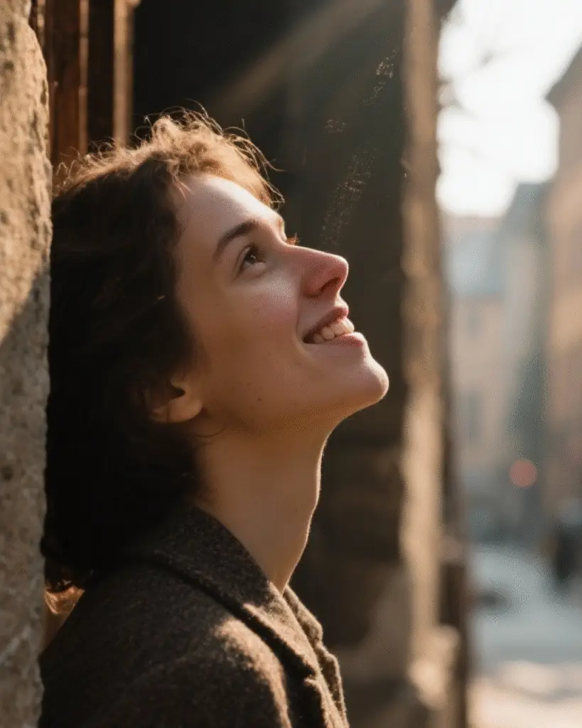 Persoană zâmbitoare în aer liber, la soare.