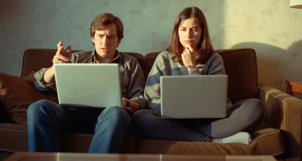 Cuplu lucrând la laptopuri pe canapea pentru terapia online din Iasi