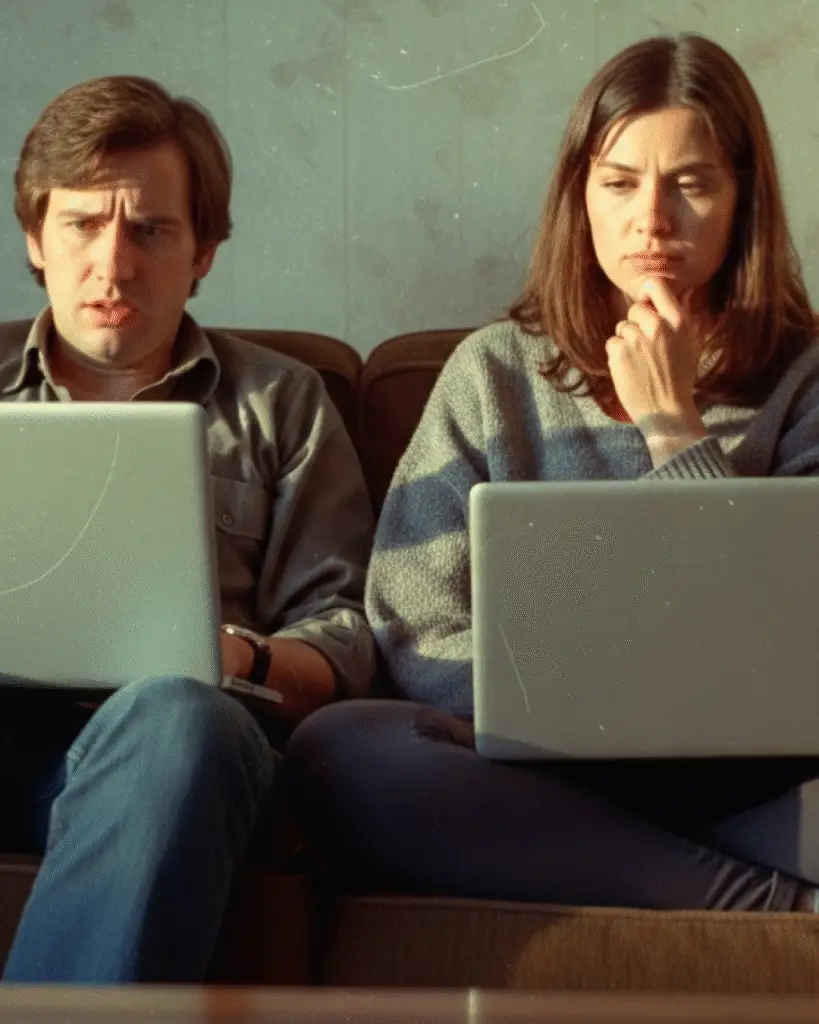 Doi oameni folosind laptopuri pe canapea pentru terapia de cuplu online