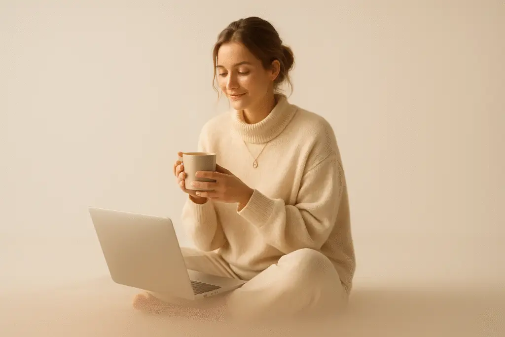o persoană într-un spațiu calm, cu laptopul deschis, o cană de ceai, lumina caldă – exprimând liniștea și siguranța în timpul unei ședințe de terapie online