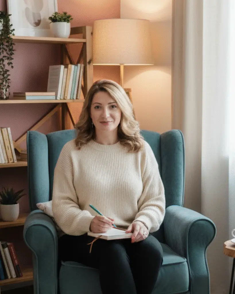 Femeie scrie în jurnal acasă